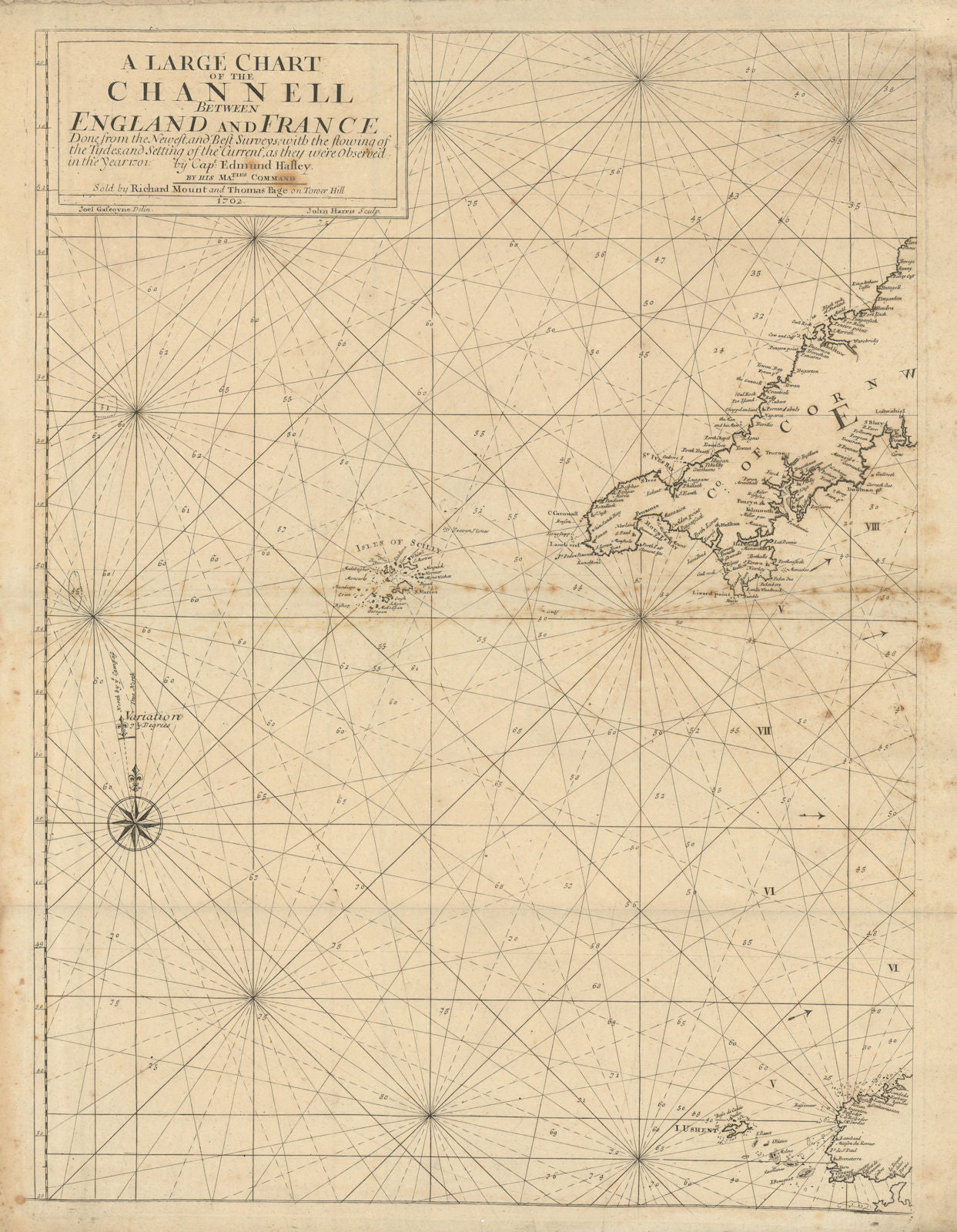 Channell between England & France. West sheet. Cornwall Scillies. MOUNT 1702 map